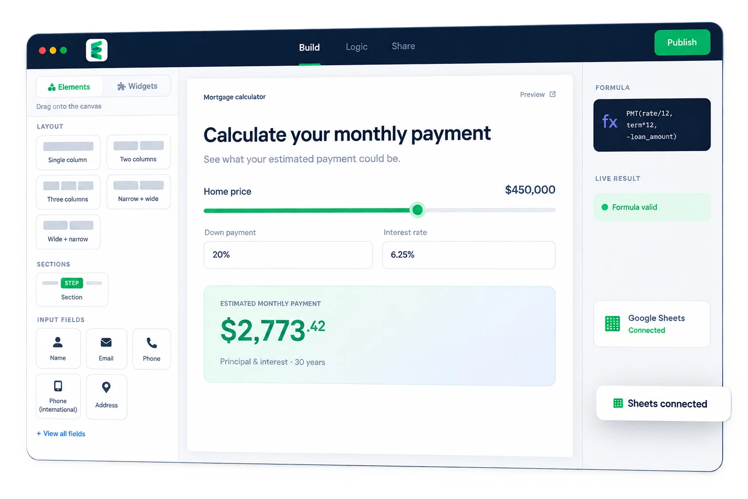 Building a mortgage calculator in the Embedsheets visual builder