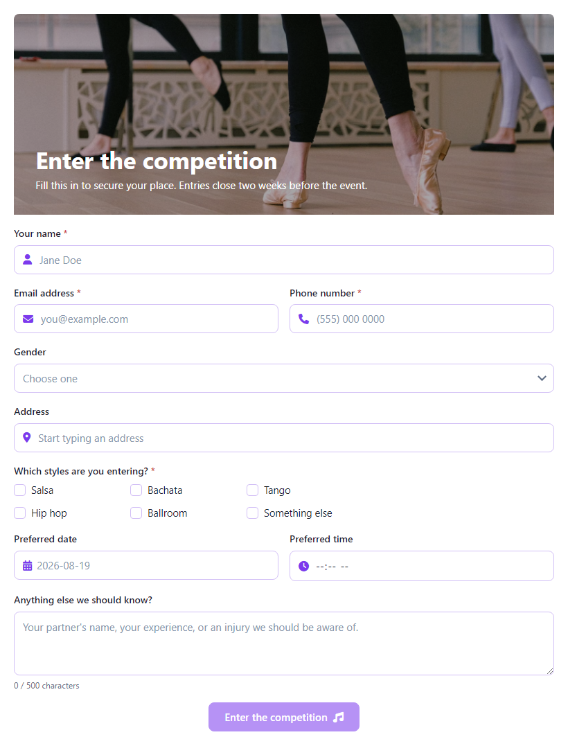 Dance Class Registration Form Template template preview