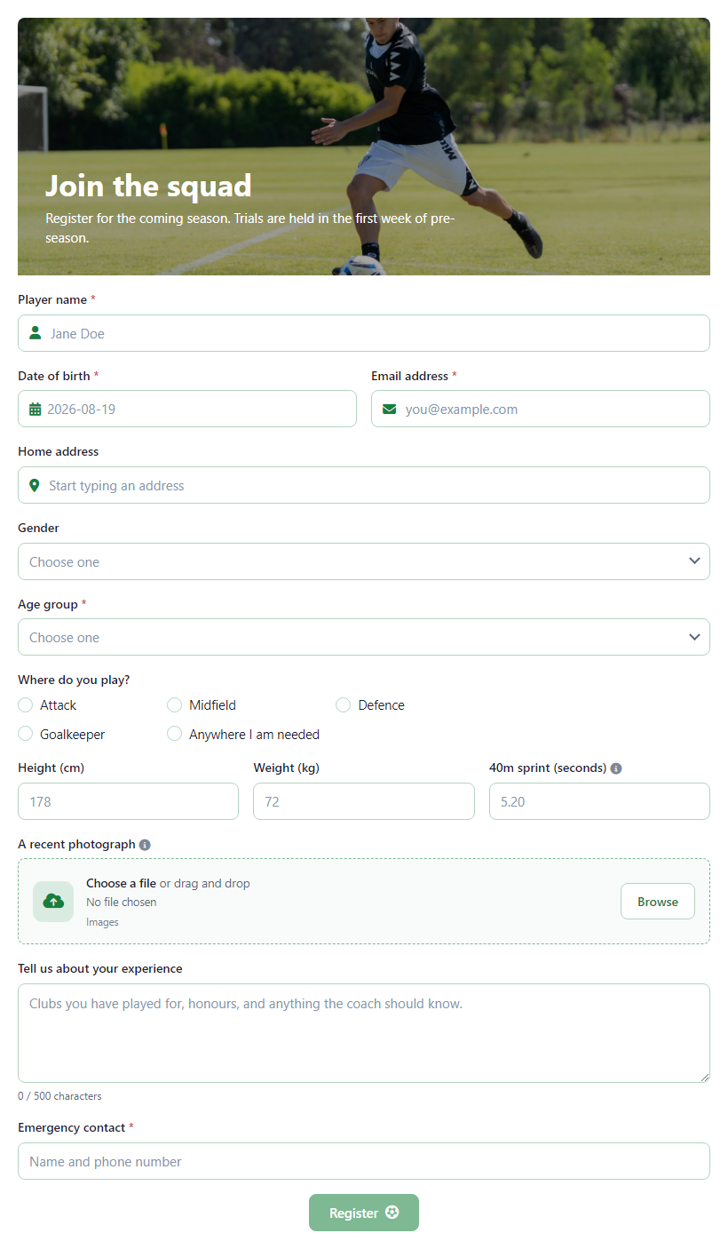 Football Team Registration Form Template template preview