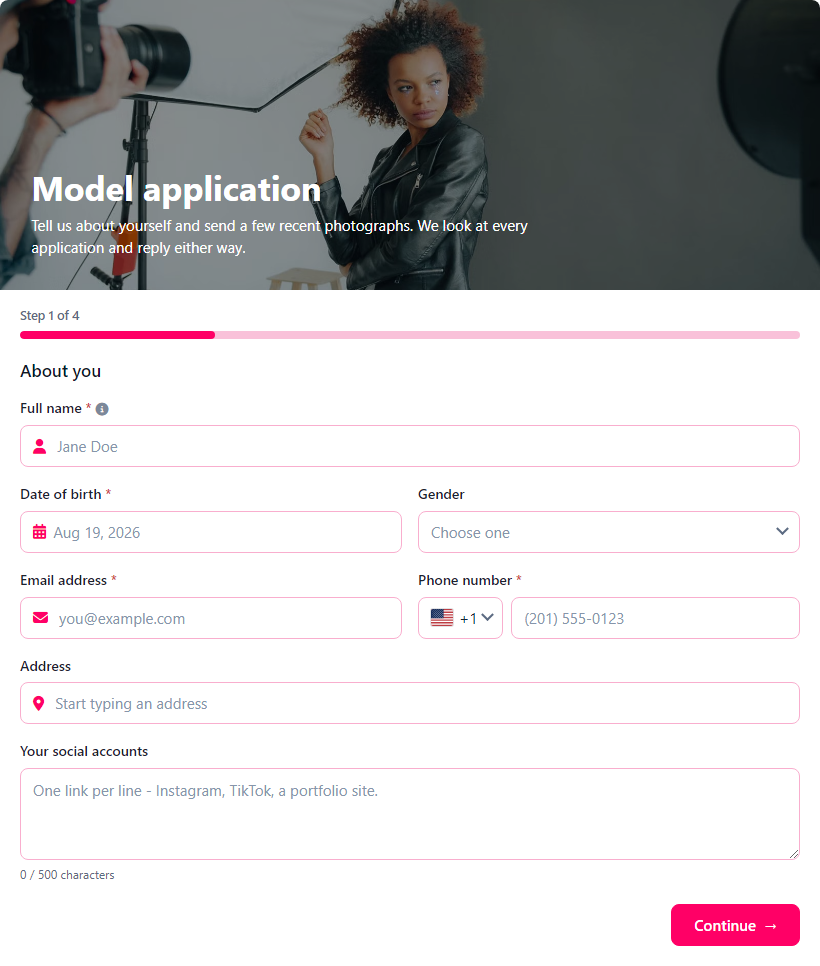 Model Application Form Template template preview
