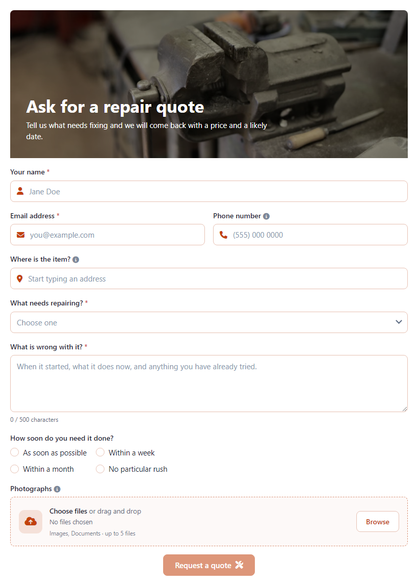 Repair Quote Request Form Template template preview