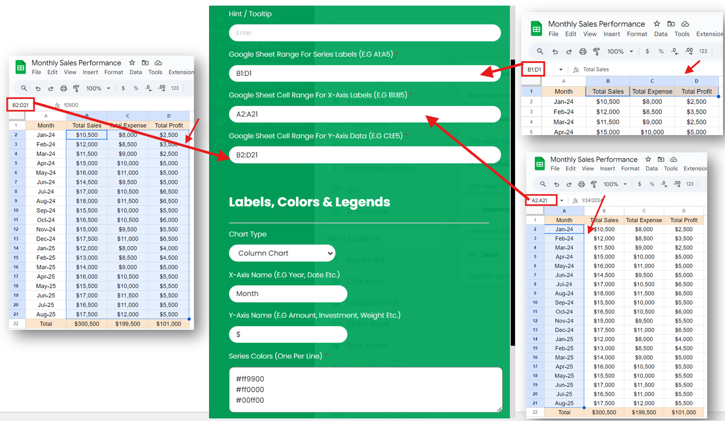 Displaying Results as Table & Charts - Embed Sheets