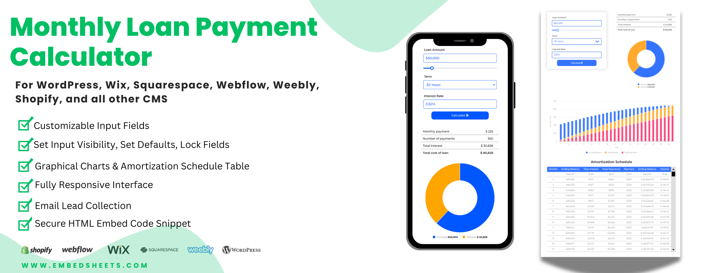 Monthly Loan Payment Calculator for WordPress, Wix, Squarespace, Webflow, Weebly, Shopify, and other CMS