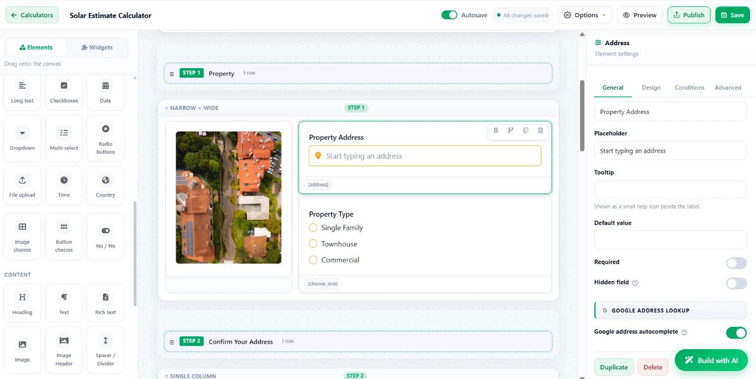 The Embedsheets builder: a component list on the left, the calculator being built in the middle, and the settings for the selected field on the right